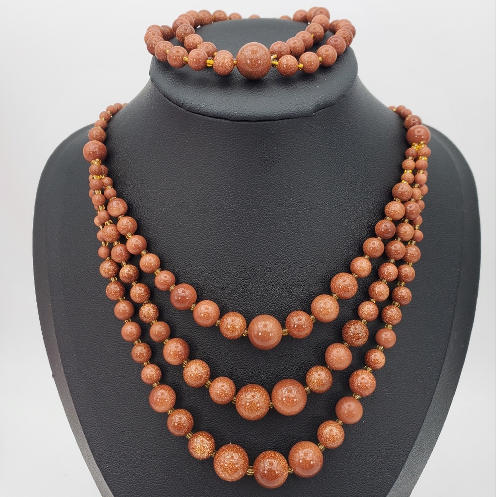 Natural Goldstone Sandstone 16in.& 3in. Extender  Neckalce & Stretch Bracelet